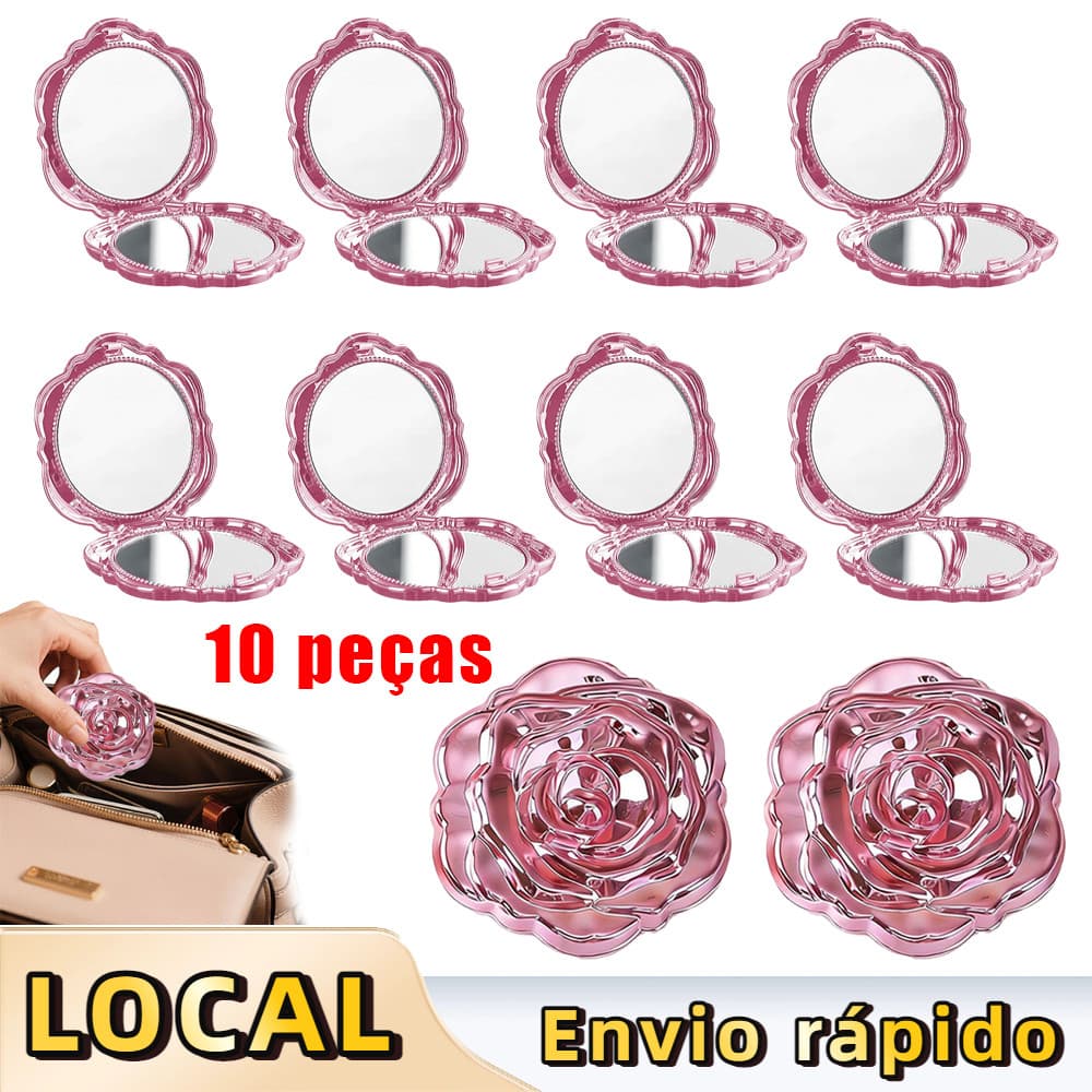 Kit 10 Espelho Portátil Rosa Flor 6,3cm – Espelho de Mão, Dupla Face, Metal Resistente, para Maquiagem, Cor-de-rosa