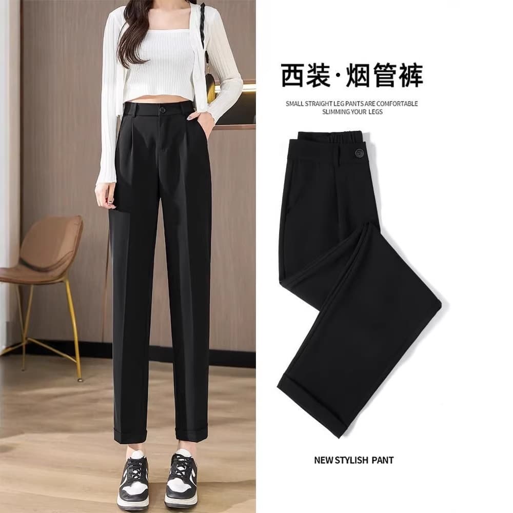 Terno Harem calças femininas primavera outono novo estilo cintura alta em linha reta preto calças casuais pequeno tornoz