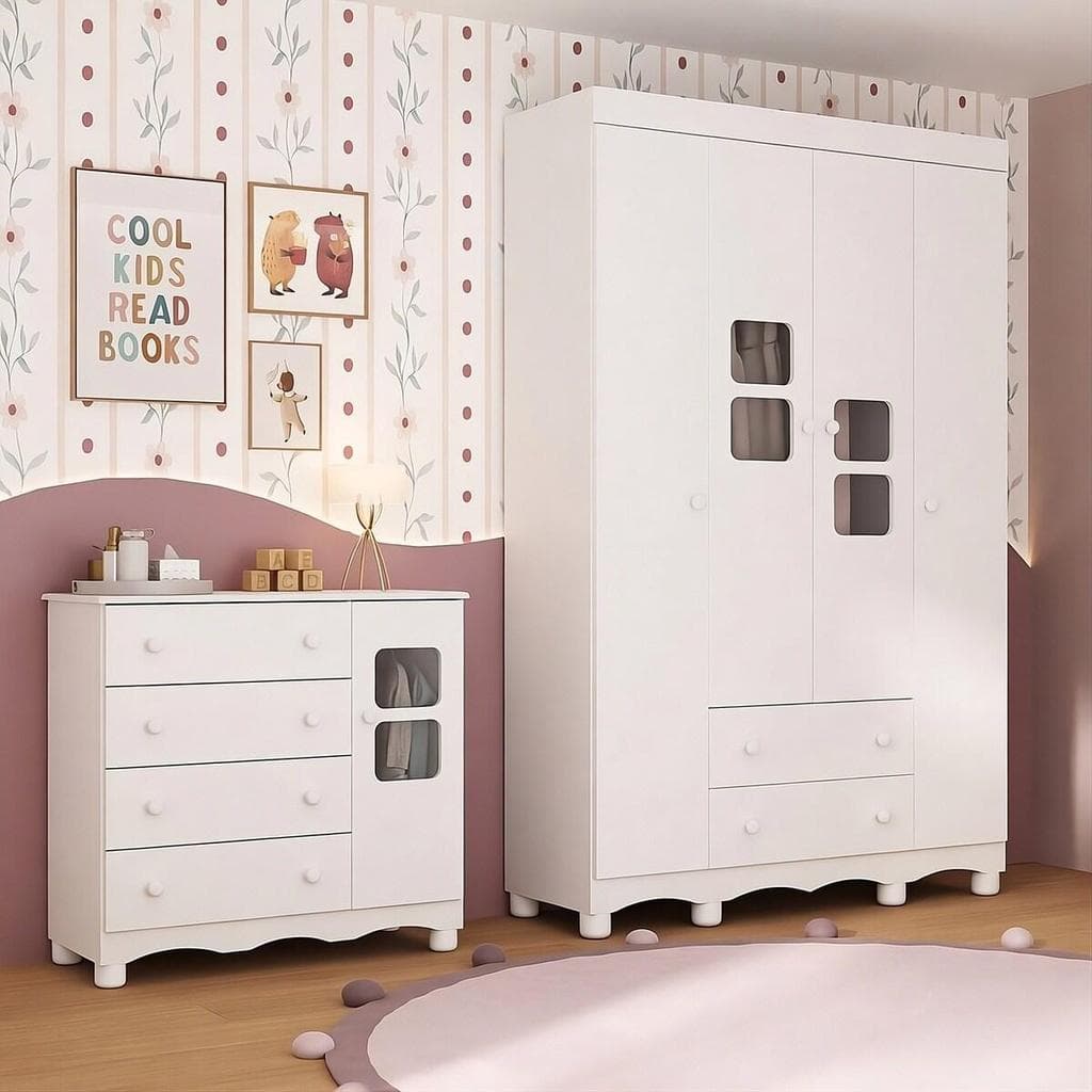 Quarto de Bebê Completo com Guarda-Roupas 4 Portas e Cômoda Luna Multimóveis MP4794