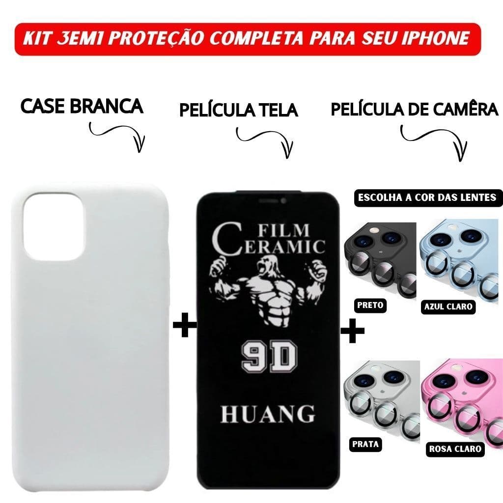 Kit 3em1 Case Branca + Película Cerâmica Privacidade + Película Câmera Colorida iPhone 11 a 16 Pro Max _BoutAcs