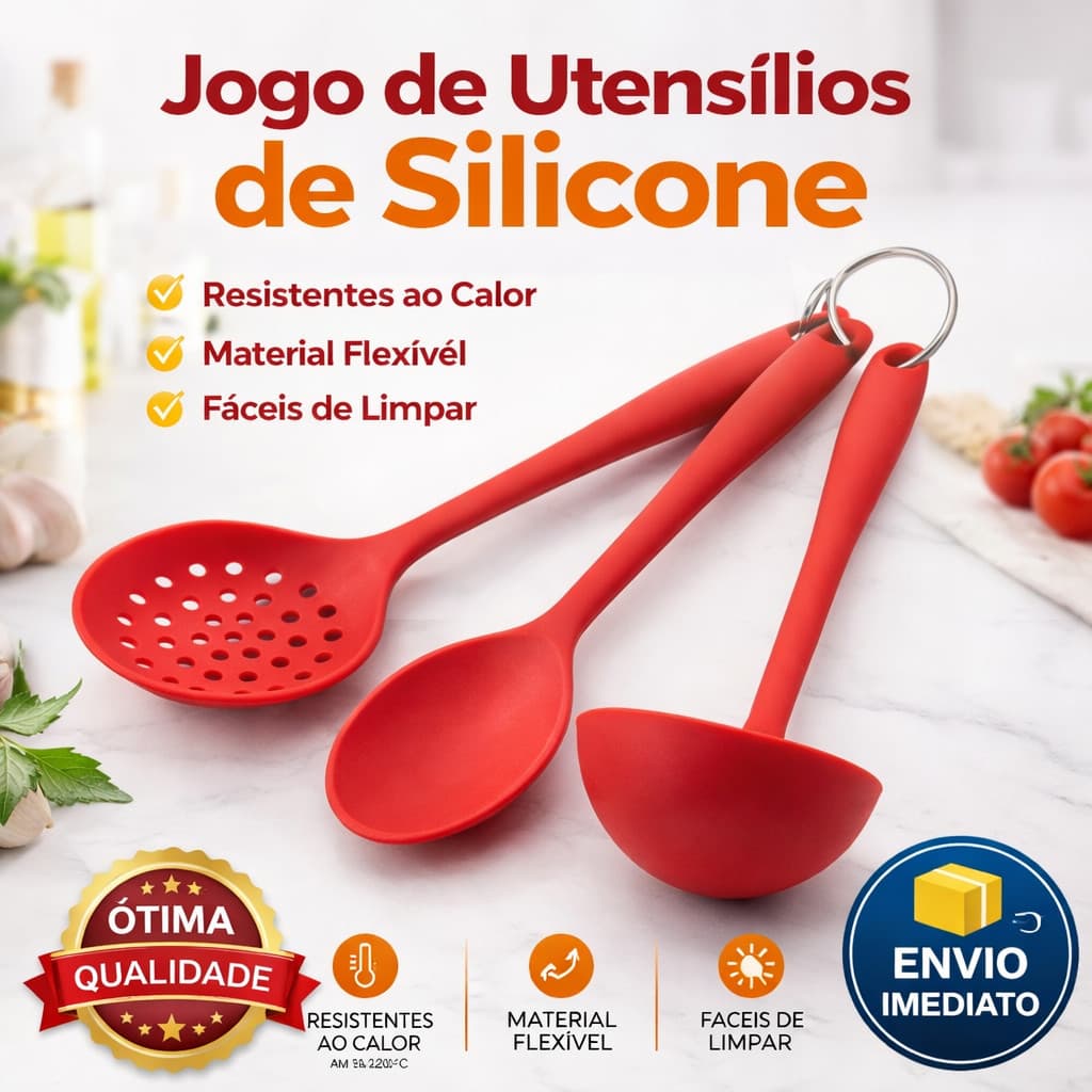 Kit Utensílios de Cozinha Silicone 3 Peças Vermelho Concha Colher Escumadeira Qualidade Premium