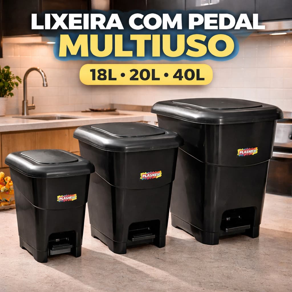 Lixeira com Pedal 12L 20L 40L Tampa Reforçada Plástica Cozinha Banheiro Escritório