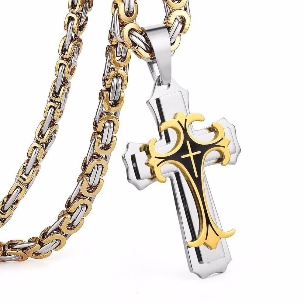 Colar de aço inoxidável com pingente de cruz de Jesus prateado masculino Byzantino colar de corrente longa