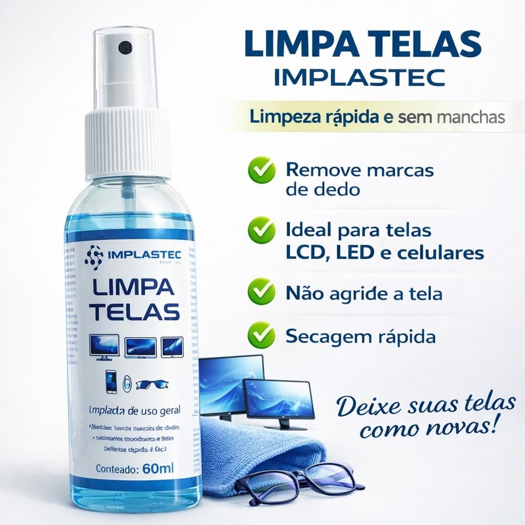 Limpa Telas Implastec 60ml Flanela Limpeza para Celular TV Notebook Monitor e Óculos