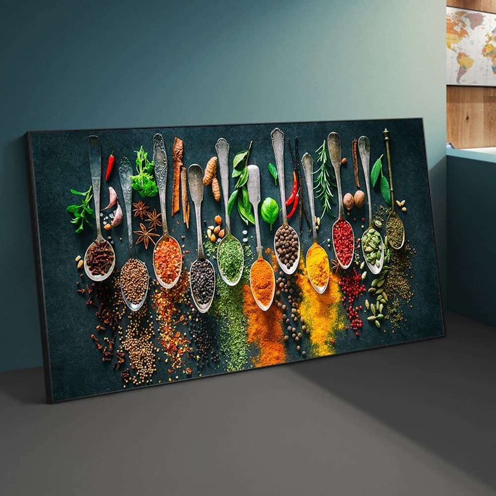 Quadro decorativo 1 peça moderna abstrata colorida cozinheiro colher ervas e especiarias para cozinha restaurante