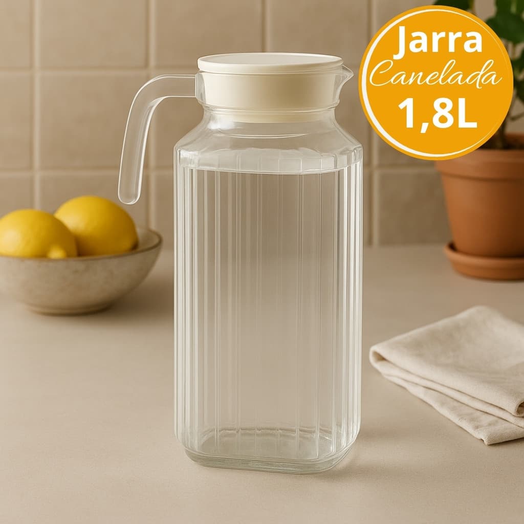 Jarra Canelada de Vidro 1,8L com Tampa Plástica | Ideal para Sucos, Água e Bebidas Geladas