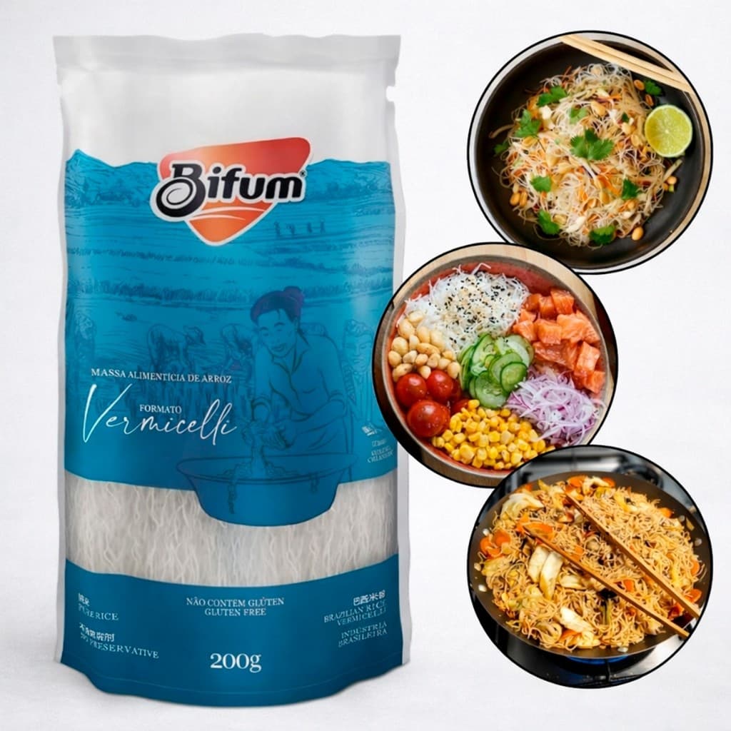 Kit de Macarrão de Arroz Bifum Massa Sem Glúten de 200g Sem Conservantes