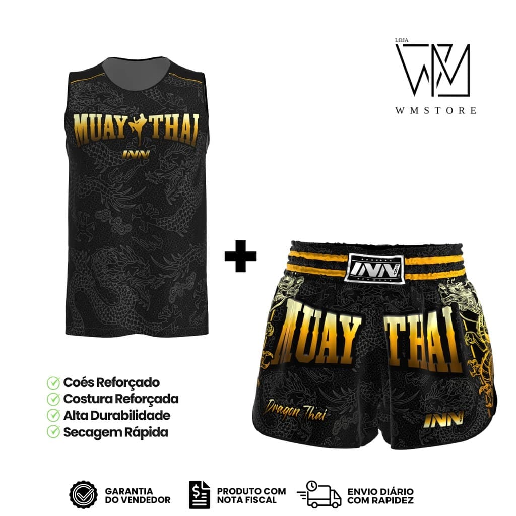 Conjunto Regata e Short Muay Thai Masculino Dragon Thai Dourado