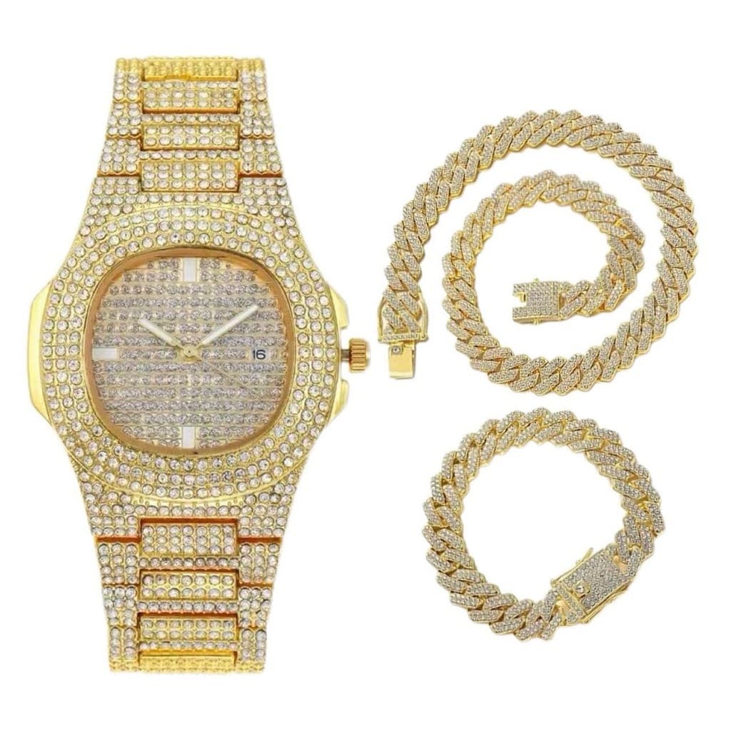 Conjunto de relógio 3 peças + colar + pulseira, joias, relógio masculino totalmente em diamante com corrente cubana
