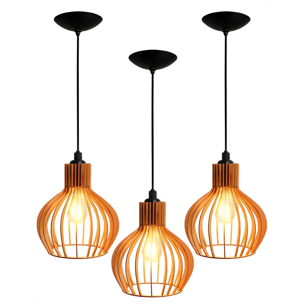 Lustre Pendente Sala Luminária De Teto Cozinha Madeira 3 Uni