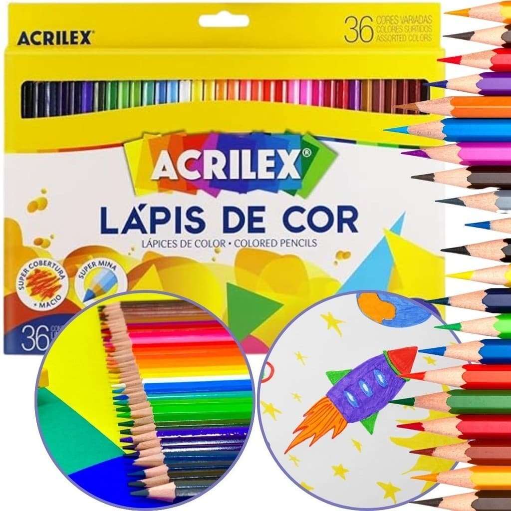 Lápis De Cor 36 Cores Acrilex Cores Vibrantes Traço Suave Material Escolar Volta as Aulas