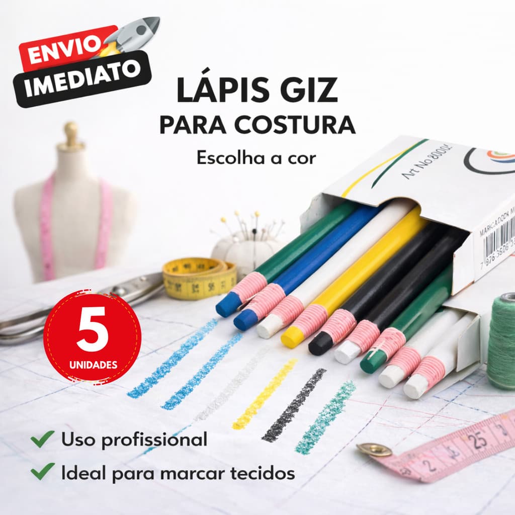 Kit 5 Lapis Marcador de Tecido Giz Alfaiate Marcar Riscar Tecido Patchwork Costura Diversas Cores