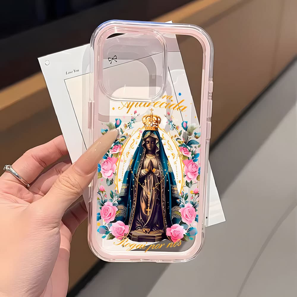 Nossa Senhora E Flores 2 Em 1 Capa Capinha Para iPhone 16 15 14 Plus 13 12 11 17 Air Pro Max Transparente Anti-Impacto