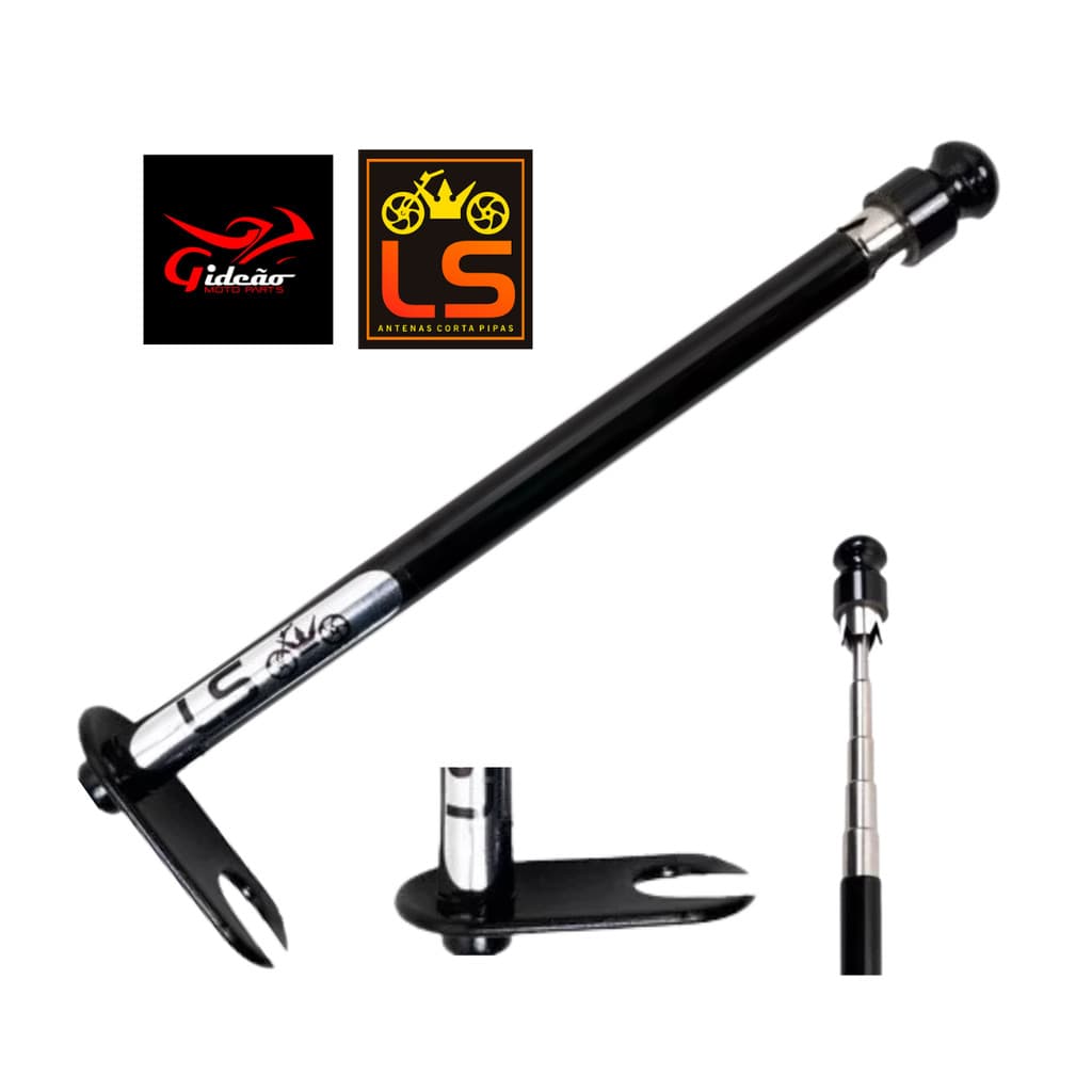 Antena Retrátil Corta Pipa Moto 6 Estágios Retrovisor Aço Inox Cromada Preta