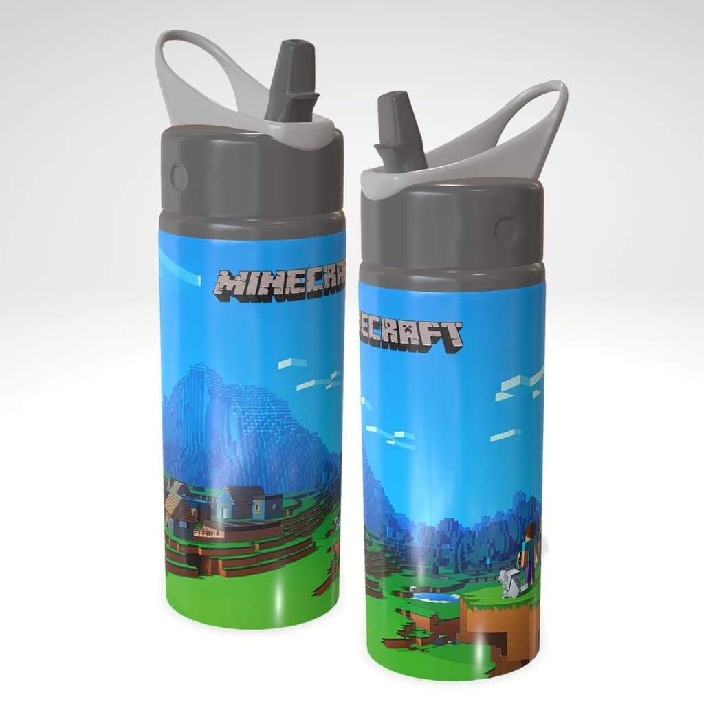 Squeeze Aluminio 600ml Minecraft com Bico Retrátil e Canudo Garrafinha Personalizada