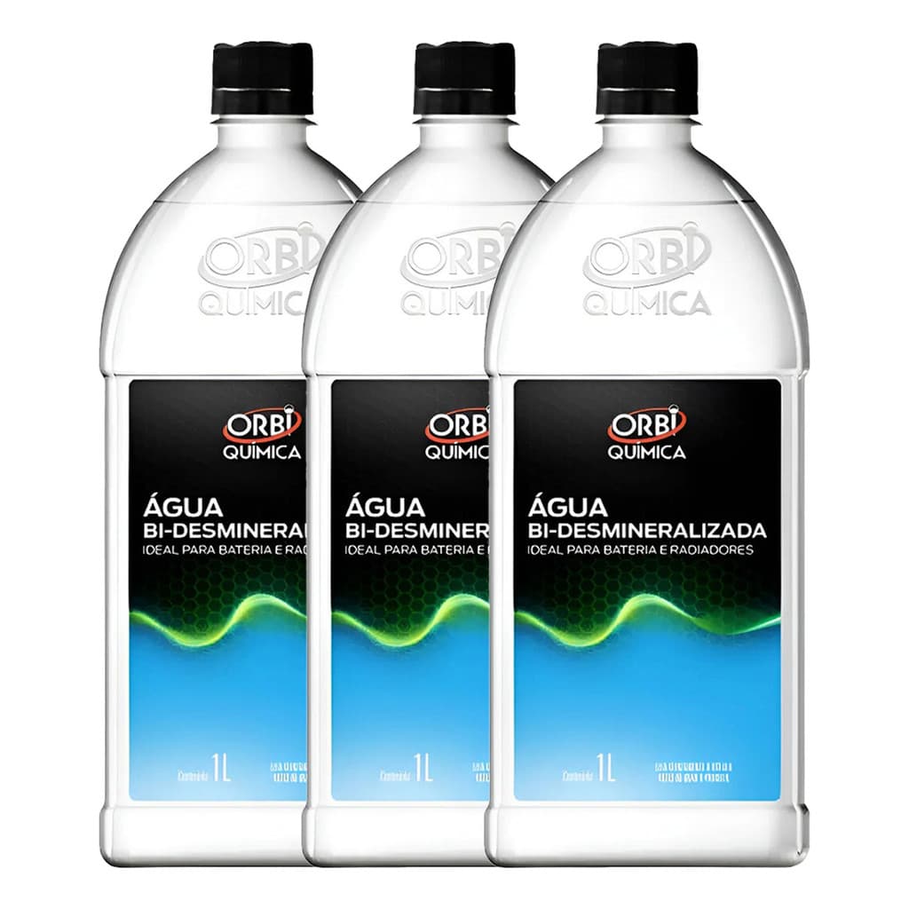 Kit 3 Água Bi-Desmineralizada Orbi 1L Proteção Radiador e Bateria Automotiva Premium