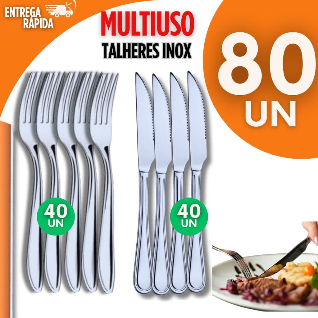 Kit 80 Peças - Talheres Inox Utilidades 40 Garfos 40 Facas Casa Cozinha Multiuso Buffet Talher