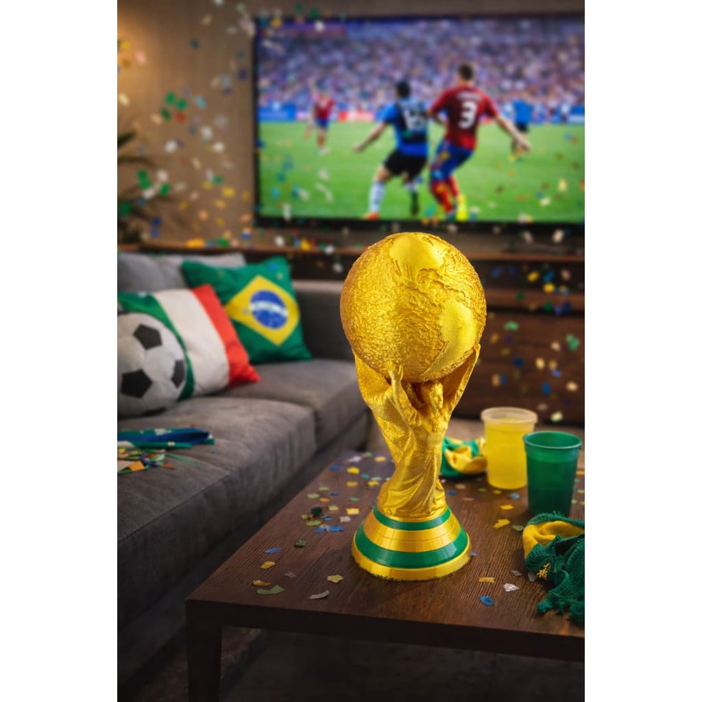 Taça Copa do Mundo Decorativa 26cm e 18cm em PLA Dourado – Perfeita para Torcedores e Presentes
