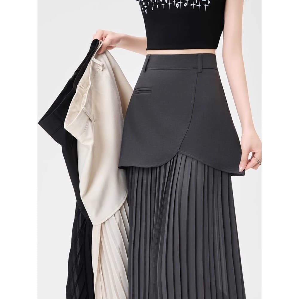 Cinza falso de duas peças bunda cortina terno saia feminina verão Design costura Chiffon Hip-embalado a linha saia longa