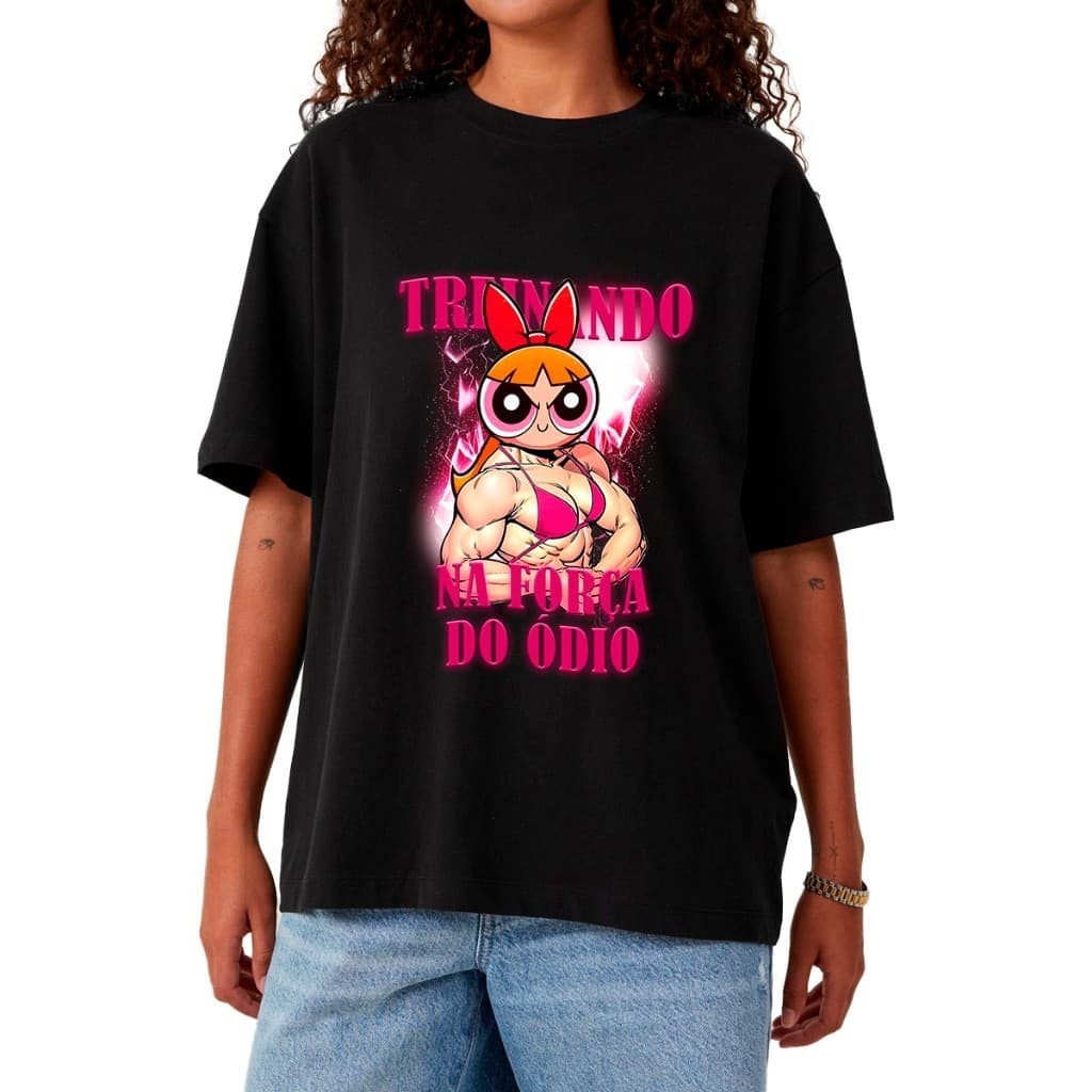 Camiseta Feminina Oversized Streetwear Treino Academia Fitness Musculação Treino Força do Ódio Florzinha