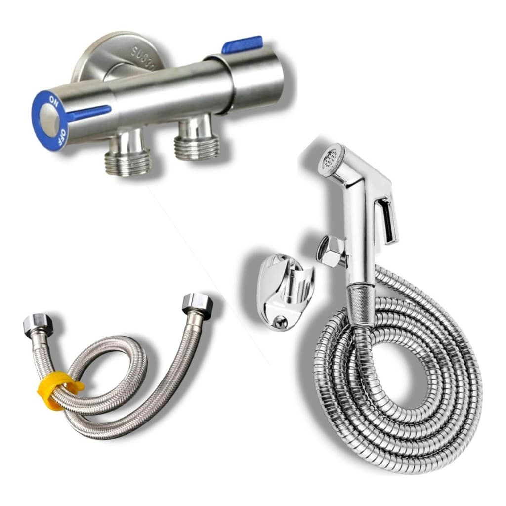 Kit Ducha Higiênica Com Registro Duas Saídas Cromado + Rabicho 50 Cm De Aço Trançado 11803+11631+11648