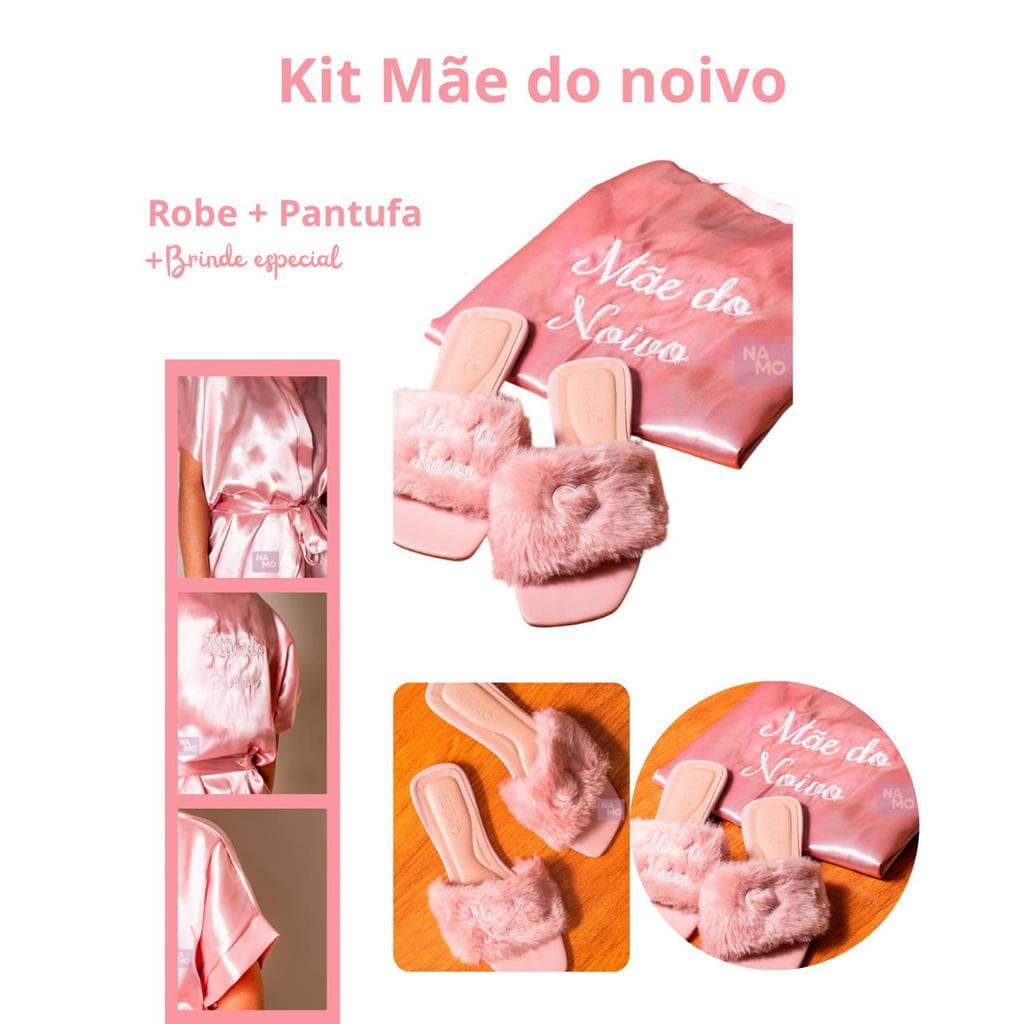 Kit Especial Mãe do Noivo Robe Rose Gold em Cetim com Pantufa Pelúcia Bordada
