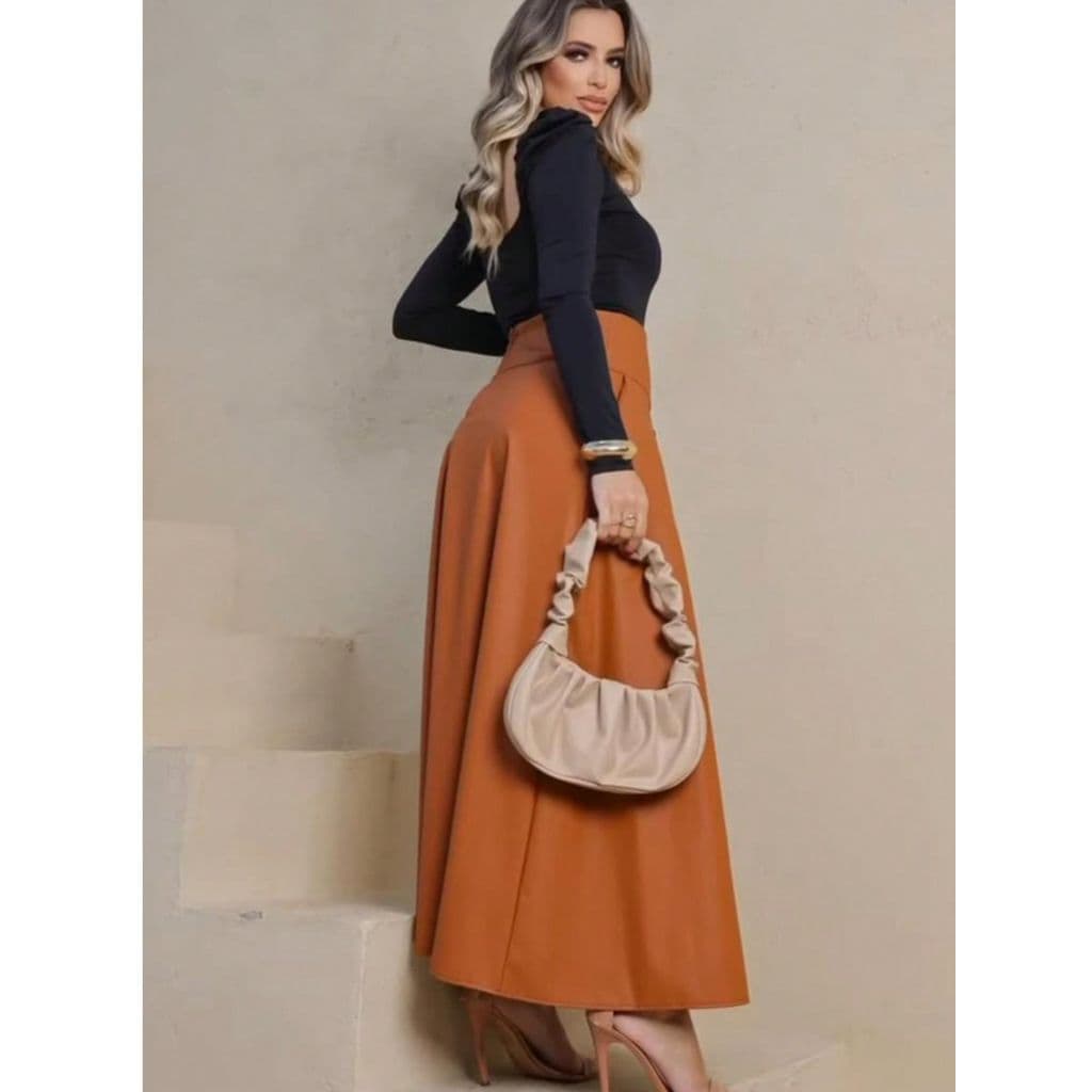 Saia longa  Courinho Chek   Casual   Couro PU    Bolso    Muito Confortável