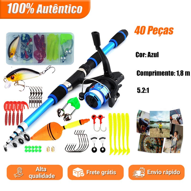 Kit de vara e molinete azul ultra curto 40 PCS — Vara de pesca 1,8 m + molinete + 39 acessórios