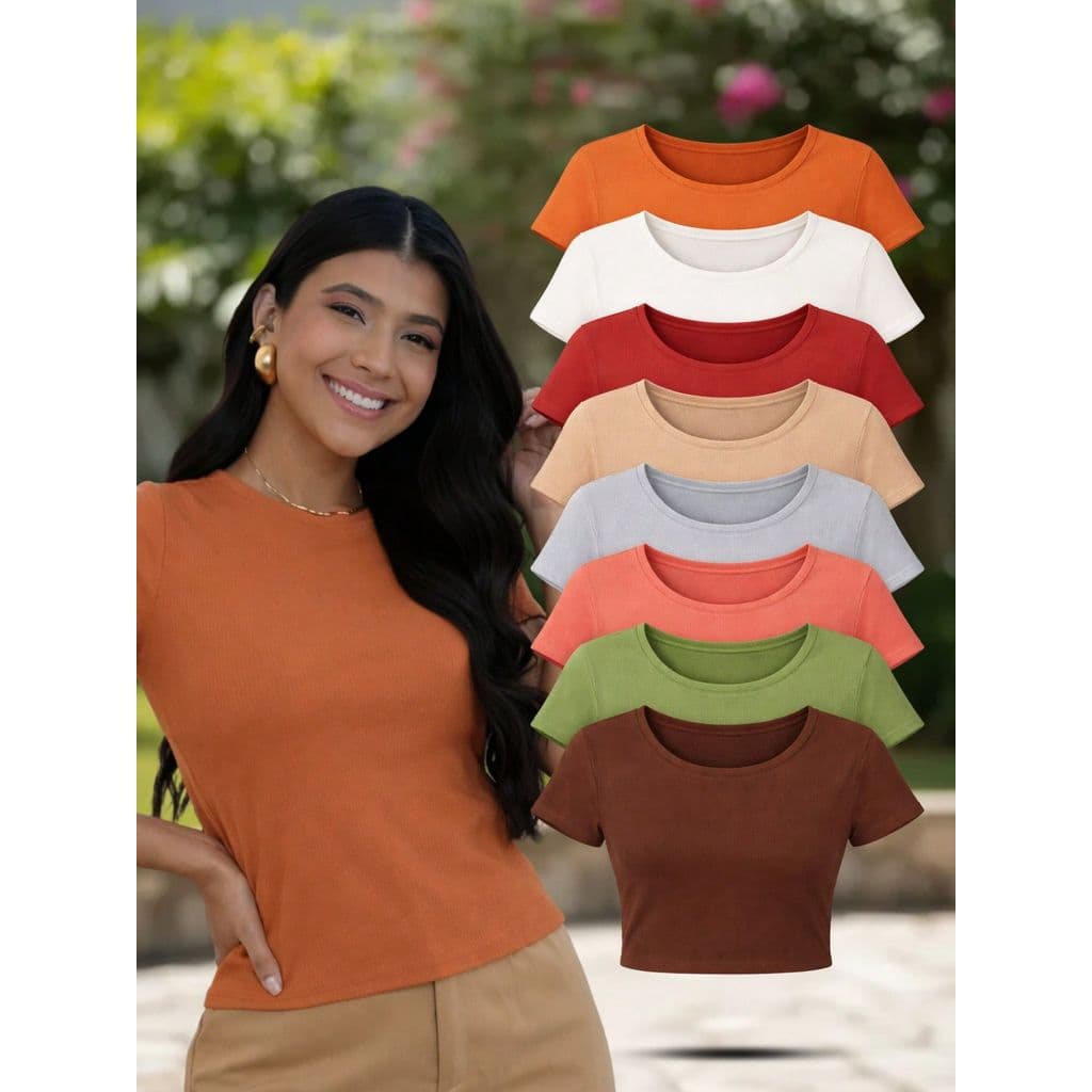 kit 5 Blusa Blusinha Feminina Baby Look Decote Redondo Manga Curta Básica Sem Transparência