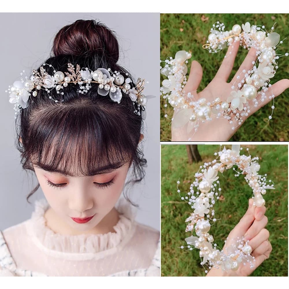 Kit 2 Tiara Daminha com Coroa de Flores, Cristais e Pérolas – Enfeite de Cabelo para Casamento e Festa