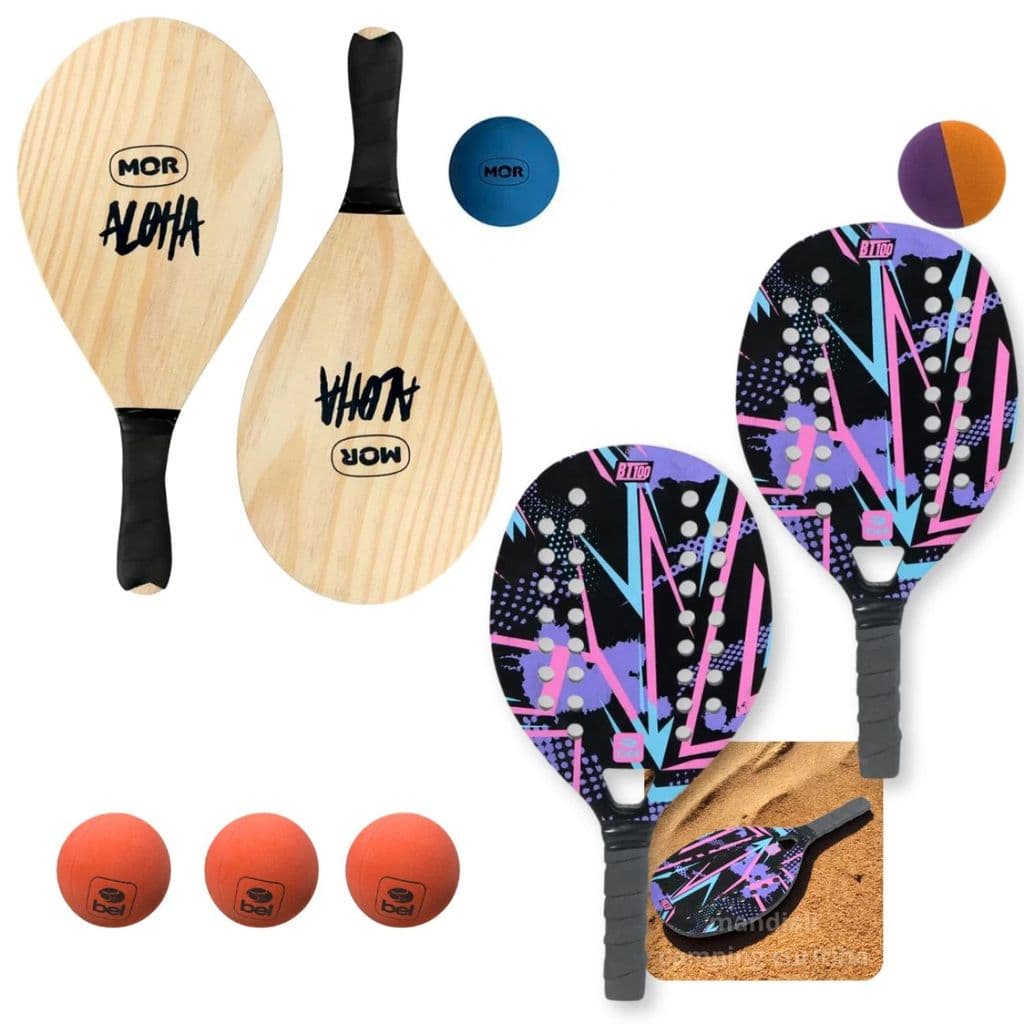 Kit Beach Tennis Lilás 2 Raquetes + Jogo Frescobol Madeira + 5 Bolinhas