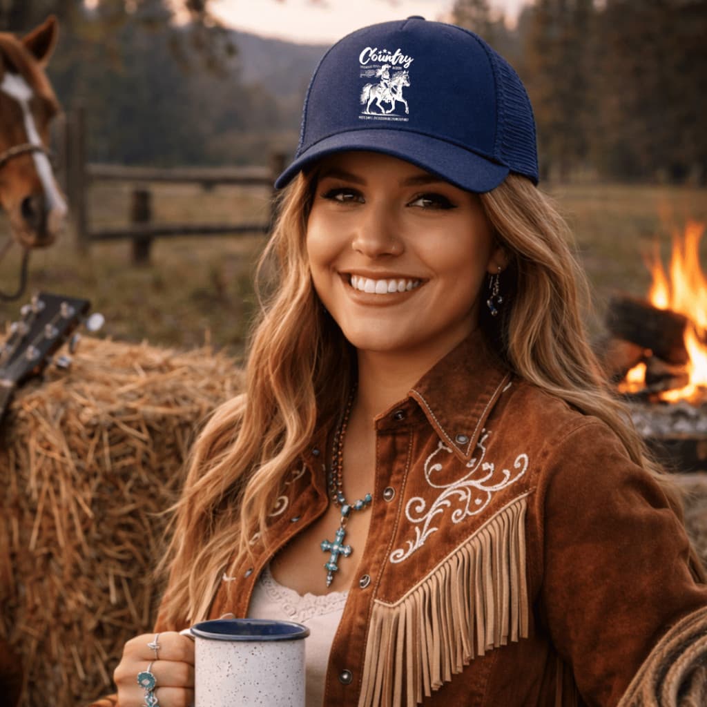Boné Country Feminino com Ajustador Estampa em DTF Aba Curvada Variação Cores Cavalo Texana