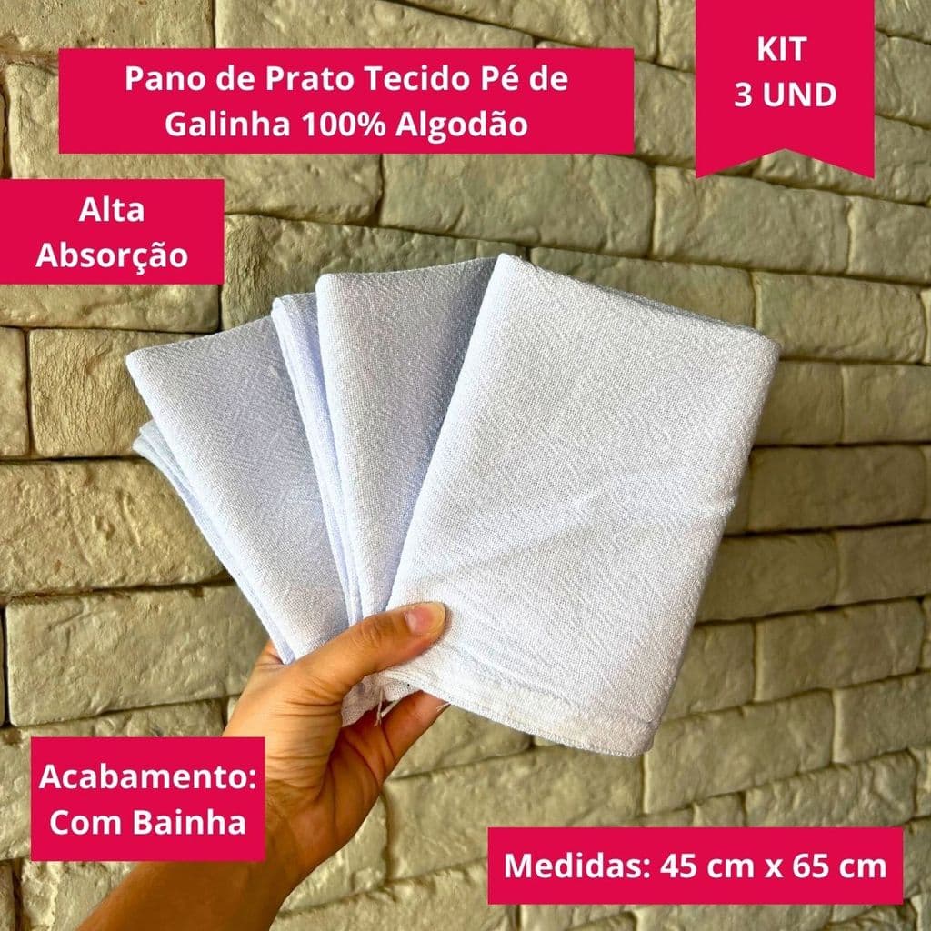 Kit 3 Panos de Prato Branco Liso  Tecido Pé de Galinha 100% Algodão com Bainha Premium Grande Gourmet