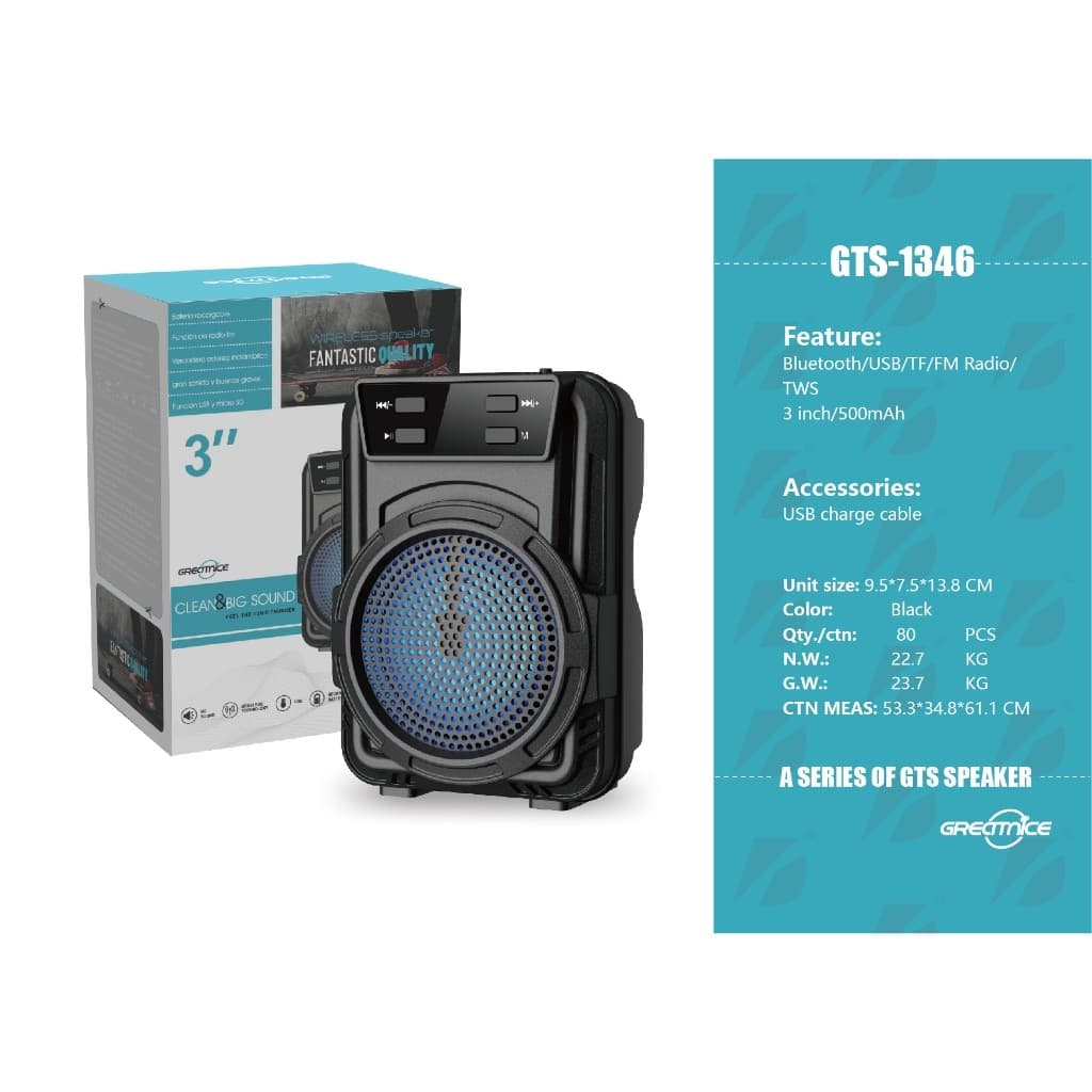 Caixa de som GTS-1346 led recarregável FM Sem Fio Bluetooth