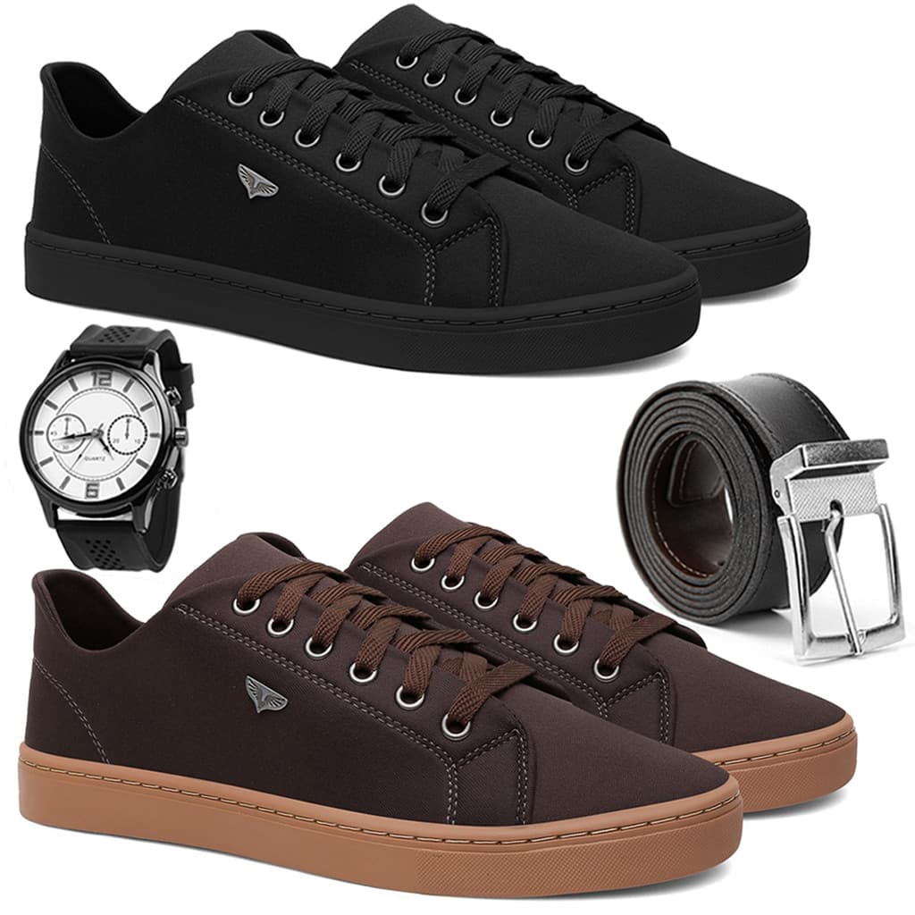 Kit 2 Sapatênis Masculino Casual Preto Marrom Confortável Antiderrapante com Relógio e Cinto