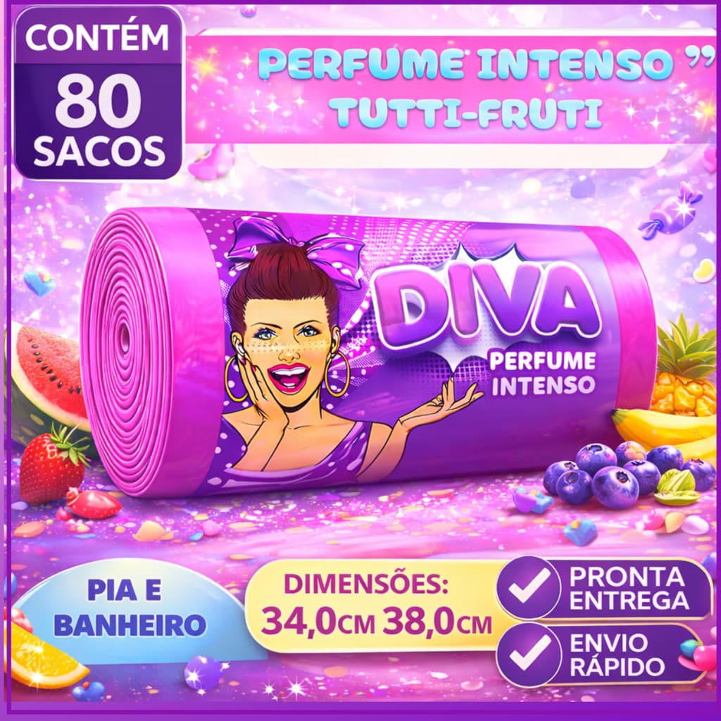 Saco de Lixo Perfume INTENSOTutti-Frutti | 80 Sacos -34x38cm| PIA e BANHEIRO/ Afasta Insetos