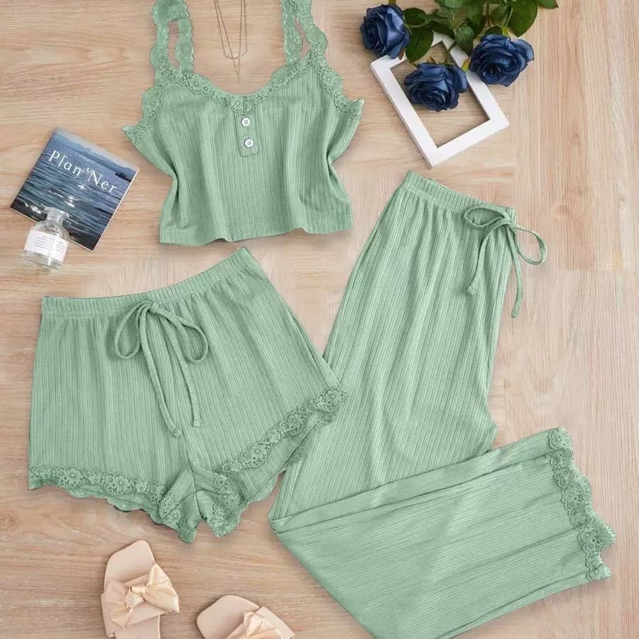 Conjunto de pijama com top canelado e acabamento em renda e calças compridas, roupa de casa, conjunto slim-fit para mulh
