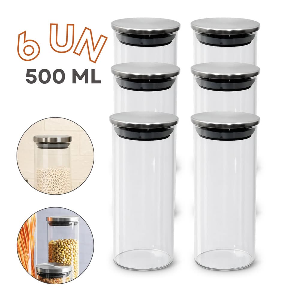 Potes Herméticos Porta Mantimentos De Vidro Tampa Inox 500ml Organizadores De Cozinha