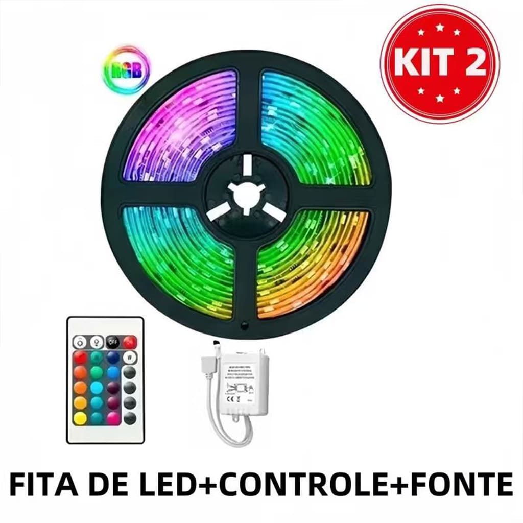 Fita Led Rgb 3528 Colorida 5m + Controle+ 300 Led Decoração Casa Loja Gesso Teto Sanca Vitrine