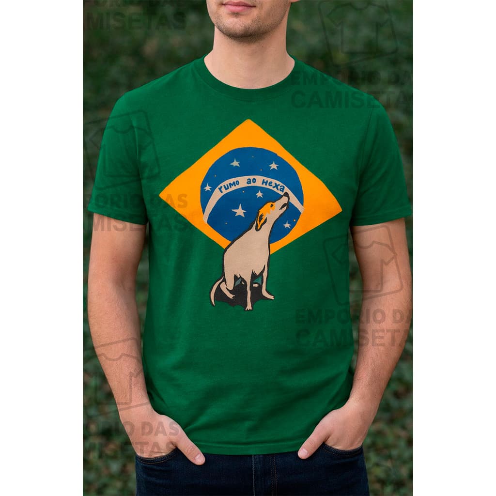 Camiseta Brasil Futebol Rumo ao Hexa Verde Bandeira Algodão Estampa DTF