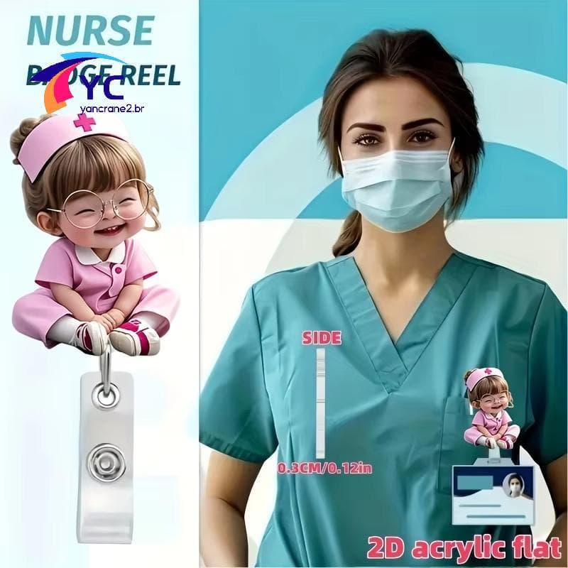 YCBR 1 Peça Cordão Retrátil 2D Plano Acrílico Enfermeira ID Clipe Bonito Menina Com Óculos Padrão Crachá Suporte De Rola