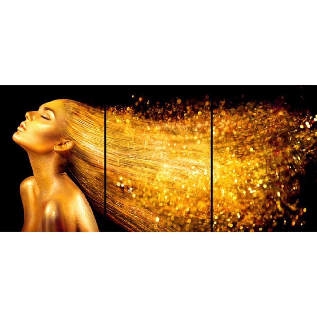Quadro Decorativo Mulher Cabelo Dourado Glitter 3 Peças Salão de Beleza
