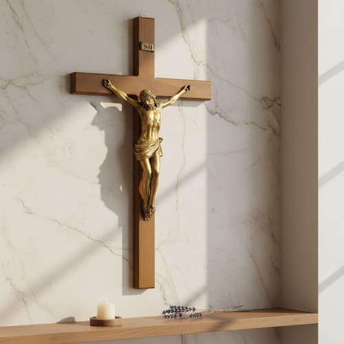 Crucifixo Marmore Com Madeira 55cm Cruz De Parede Bronze