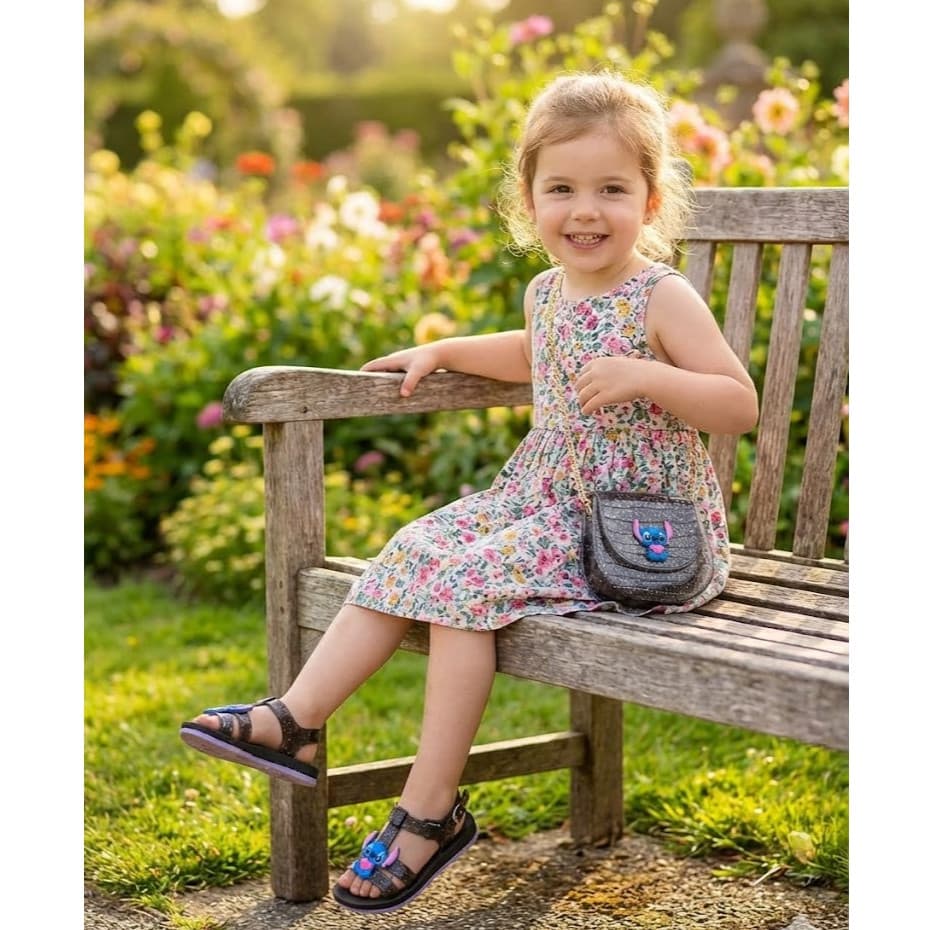 Sandália Infantil Stitch com Bolsinha | Conjunto Feminino Fofo e Confortável