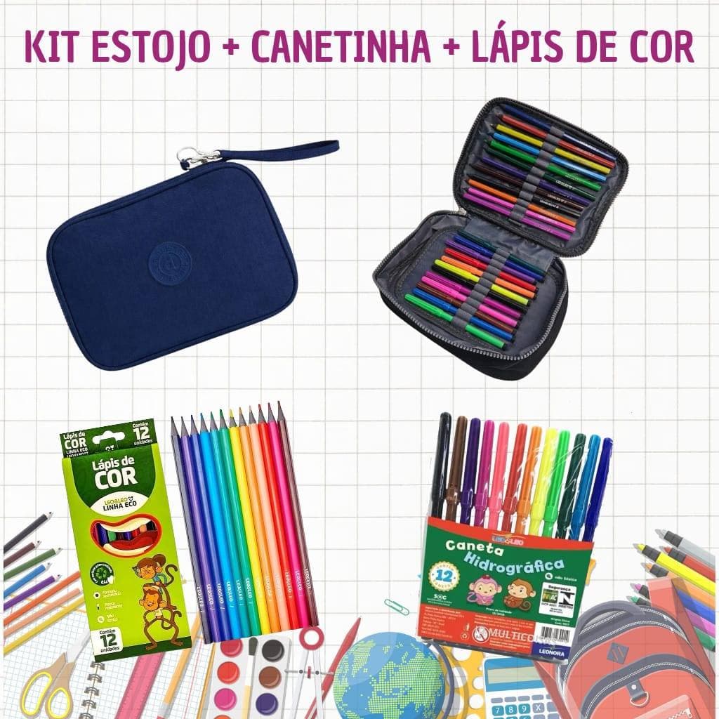 Kit Escolar Estojo Grande 2 Divisórias + Canetinha 12 cores + Lápis de cor 12 Cores Volta as Aulas