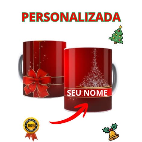 Caneca Natal Personalizada Com Nome Vermelha Laço Presente Amigo Secreto Lembrancinha 325ml