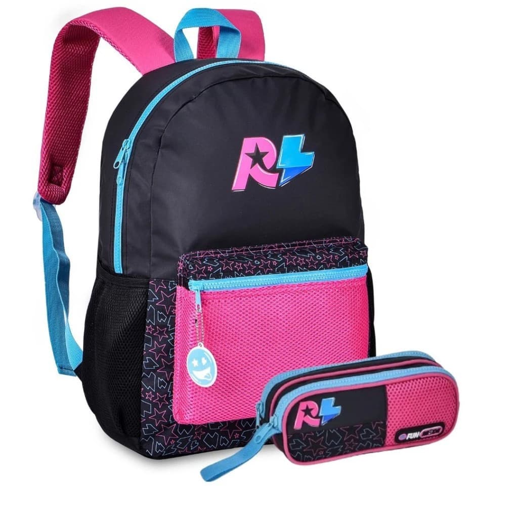 Kit Mochila + Estojo Rafa E Luiz Preta Juvenil Com Alças Acolchoadas Ampla Original