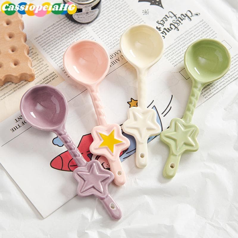 (Cassiopeiahg) Colher Em Forma De Estrela De Cerâmica Torcida Fofa Com Cabo Longo Design De Creme Para Mexer Café Novo