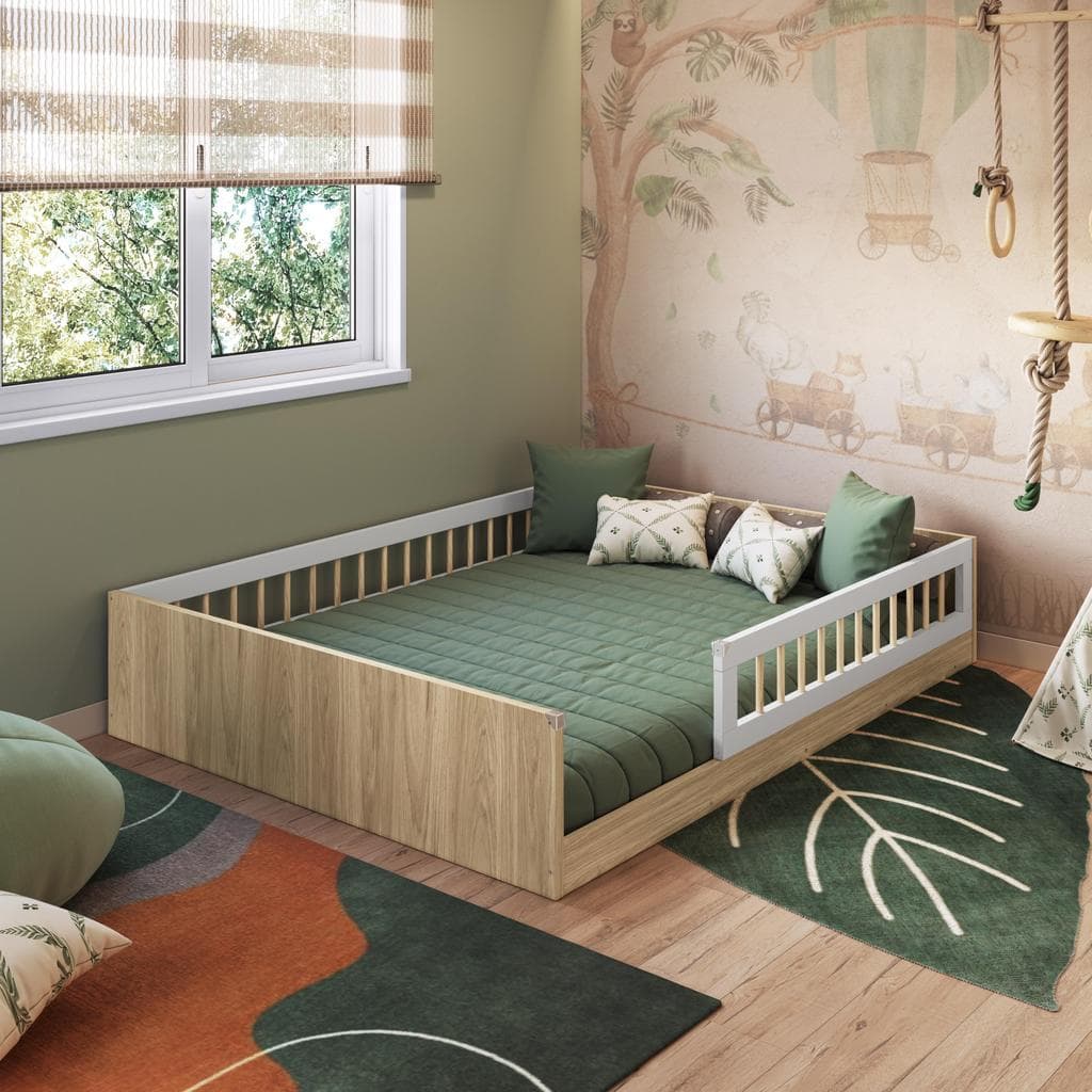 Cama Casal Infantil Montessoriana de Chão 188x138cm com Grade de Proteção em Pinus