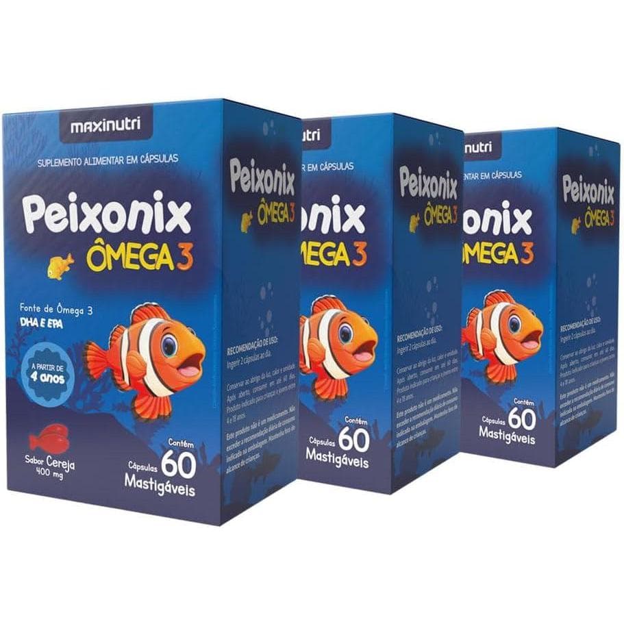 Kit 3 Caixas Ômega 3 Infantil Mastigável Cereja Peixonix 60 Cáps Maxinutri
